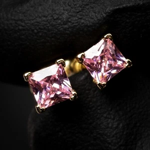 Women's Gold Plated Pink Cubic Zirconia CZ Princess Cut Screw back Earrings - Picture 1 of 5