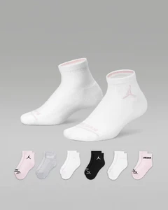 NEW Nike Jordan Big Kids' Ankle Socks 6 Pairs White Pink Black Medium 5Y-7Y Shoe - Picture 1 of 7
