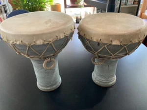 CERAMIC DJEMBE DRUM SET AUTHENTIC 10 1/2 X 8 SET OF 2 CALF SKIN EXCELLENT COND - Picture 1 of 14
