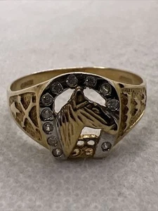 Solid 10K Yellow Gold White CZ HORSE HEAD & HORSESHOE Men’s Ring 2.8gr Size 10.5 - Picture 1 of 12