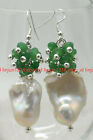 Natural White Keshi Baroque Pearl &Green Jade Gems 925 Silver Hook Earrings