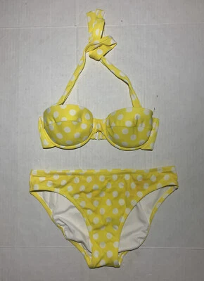 J. Traje de baño CREW para mujer de dos piezas amarillo a lunares bikini con cable halter talla L Foto 1 de 4