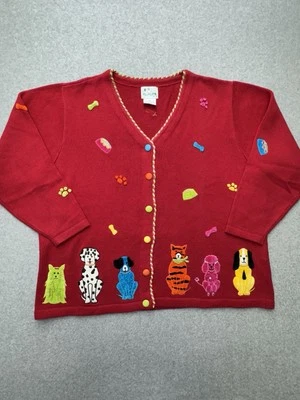 Quacker Factory Cardigan Womens 2X Red Knit Button Dog Cat Embroidered Sweater - Image 1 of 4