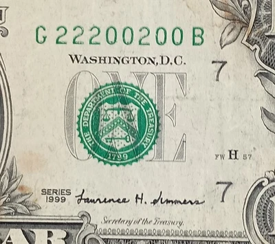 G22200200B $1 Repeater Binary 2s 0s Fancy Serial Number One Dollar Bill 1999... - Image 1 of 3