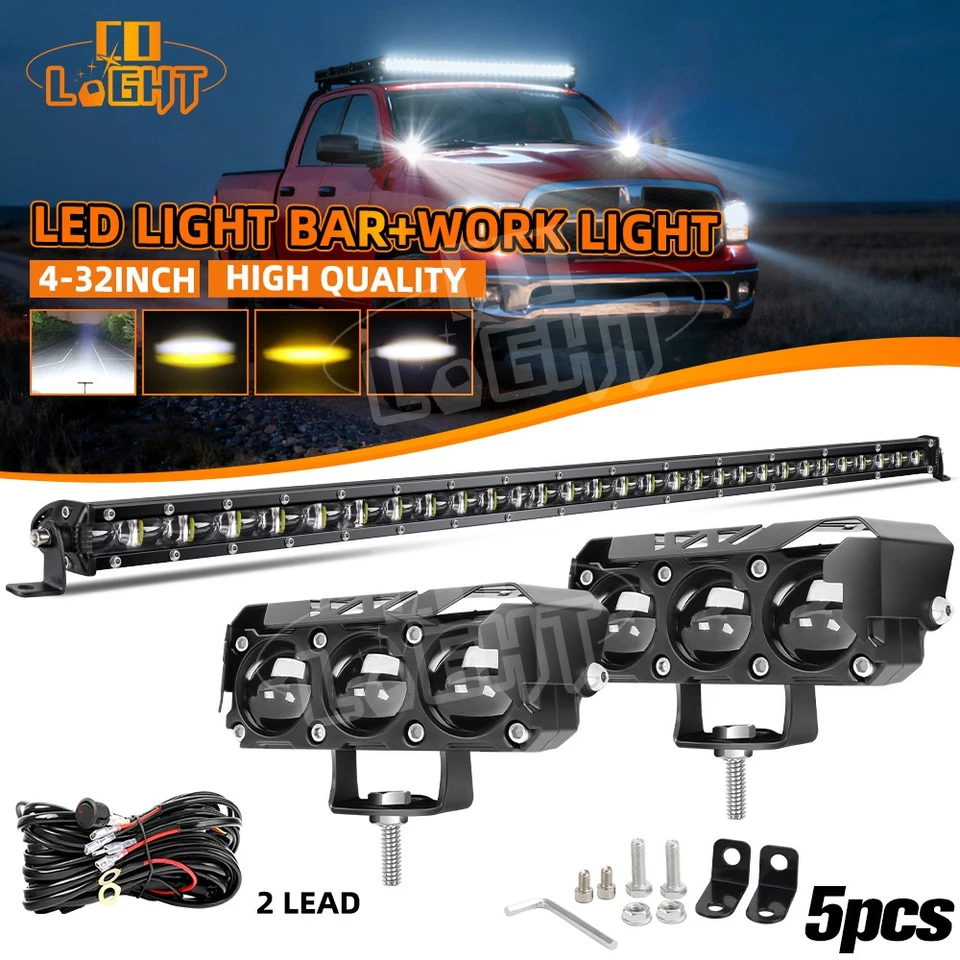 Barra de luz LED 6D Slim 32" + 2 cápsulas de 4"" + kit de cables todoterreno para Dodge Ram 1500 2500 Foto 1 de 4