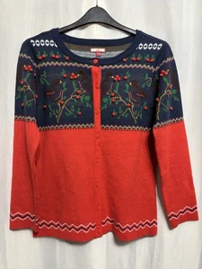 -987 Joe Browns Sz 14 Red&Navy Knit Robins On Holly Xmas Cardigan Rose Buttons - Picture 1 of 7