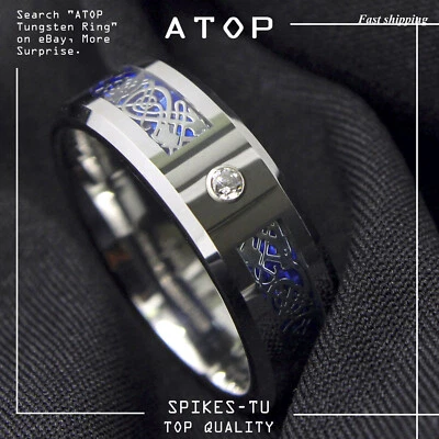 8mm CZ Silver Celtic Dragon Tungsten Carbide Ring Wedding Band ATOP Men Jewelry - Image 1 of 4
