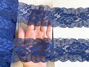 2 Yards Stretch Navy Blue Floral Lace Trim for Sewing/Crafts/Bridal/2.25" Wide - Picture 1 of 14