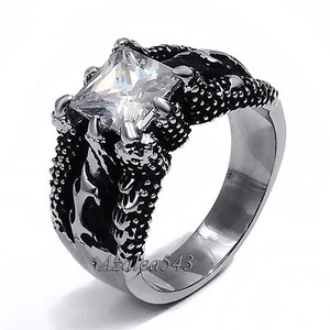 MENS Dragon Claw Clear White Cubic Zirconia 316L Stainless Steel Biker Ring  - Picture 1 of 4