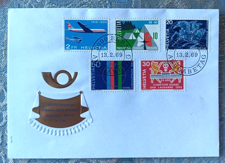 Switzerland ANNIVERSARY ISSUES #494-9 GIRL SCOUTS SWISSAIR PLANETARIUM FDC UNADD - Image 1 of 1