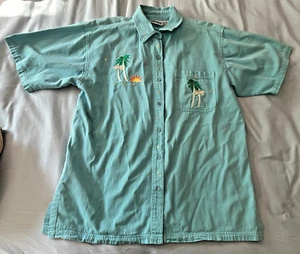 LAS OLAS AQUA TEAL SIZE M MEDIUM BUTTON DOWN SHIRT PALM TREES SUNSET - Picture 1 of 6