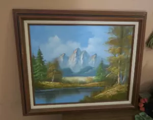 Vintage signiert Charley Öl Leinwand Berg Landschaft Gemälde 16"x20" gerahmt - Bild 1 von 9