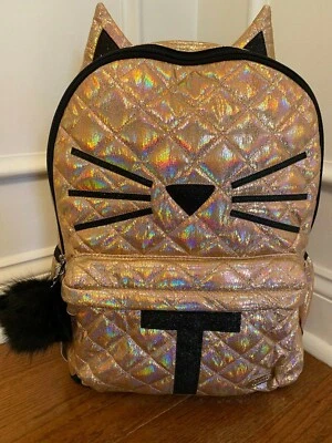 Mochila Justice Gold Acolchada Gato Tamaño Completo con Pom Negro Inicial T ¡Nueva! Foto 1 de 2