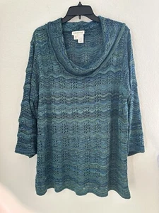 Coldwater Creek Open Weave Strick Tunika Pullover 2X grün blau Wasserfallausschnitt Granny Y2K - Bild 1 von 10