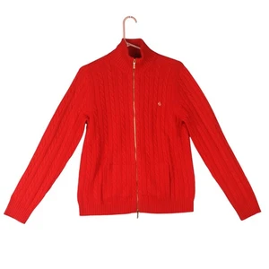 Lauren Ralph Lauren Cable Cardigan Sweater Womens L Red 100% Cashmere Zip Up EUC - Picture 1 of 11