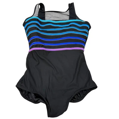 Longitude Womens 18W Black One-Piece Swimsuit With Multicolor Stripes & Scoop Ba - Image 1 of 4