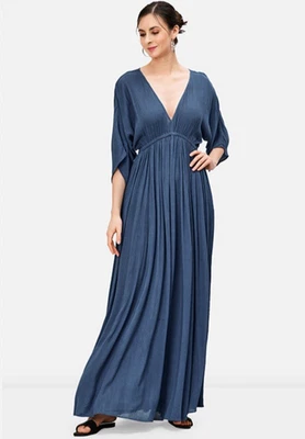 Eshaki Maxi Dress Women’s Size M Empire Waist Ruched 100% Rayon Crinkled Blue - Image 1 of 4