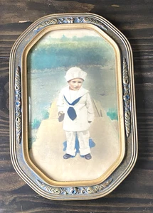 Vtg 1848 Bowed Convex Glass Picture Wood Frame 14x21 Portrait Child Sailor Boy - Picture 1 of 20