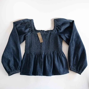 J Crew Puff Sleeve Smocked Chambray Denim Peplum Ruffle Top NWT XS - Picture 1 of 9