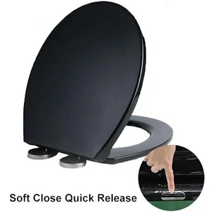 Soft Close Quick Release Button Toilet Seat Universal Fit Strong Fittings Black - Picture 1 of 6