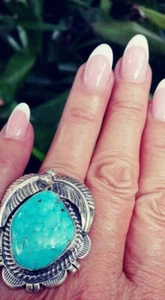 Native American Navajo Size 8 Morceni Turquoise & Sterling Silver Signed Ring - Imagen 1 de 12