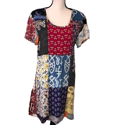Sacred Threads Size S Dress Patchwork Art to Wear Shift Short Sleeve Mixed Print - Image 1 of 4