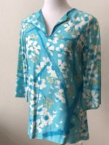 Vtg Top Tunic VERA Turquoise Blue Cherry Blossoms Hawaiian Abstract Floral 70s S - Picture 1 of 5