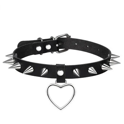 Collar gargantilla gótico de cuero negro con remaches de corazón punk para hombre y mujer Foto 1 de 4