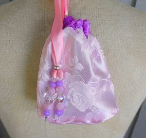 Reversible Metallic Lavender Velour Rose Pink Rosebud Satin Drawstring Runes Bag - Picture 1 of 8