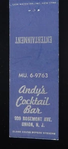 1950s Andy's Cocktail Bar Entertainment 999 Rosemont Ave. Union NJ Matchbook - Bild 1 von 2