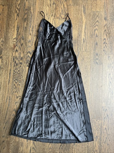 UNDERCOVER Camicia da notte lunga vintage Victoria’s Secret raso pizzo slip dress M nera spacco laterale