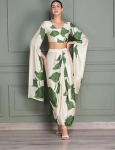 Crop Top With Dhoti Set, Dhoti Saree, Indowestern Set Beige And Floral - Picture 1 of 6