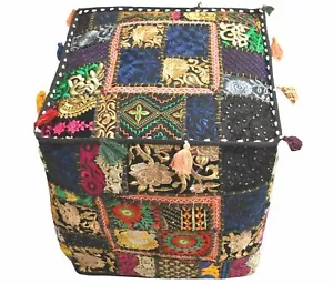 Indian Square Pouf Cover Vintage Ottoman Patchwork Footstool Embroidered Pouffe - Picture 1 of 4