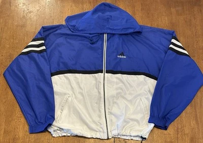 Chaqueta cortavientos vintage Adidas Track XL azul blanco años 90 Y2K cremallera completa Foto 1 de 4