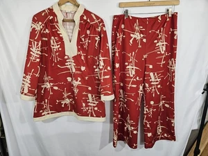 Vtg 70s Montgomery Ward Polyester Pantsuit Top Pant Set Abstract Print Tunic - Picture 1 of 5