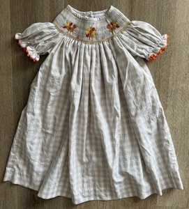Stitchy Fish Smocked Dress Girls 5 Gingham Thanksgiving Turkey - Picture 1 of 5