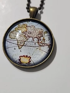 Vintage Old World Map Necklace Academia Pendant Brass Tone Glass Art Jewelry - Picture 1 of 3