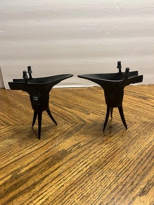 "Par de 2 recipientes trípode rituales copa de libación de mar de bronce chino de 5,5""" Foto 1 de 4