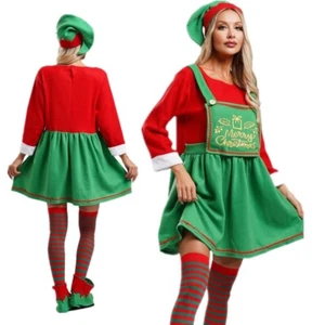 Women Christmas Santa Helper Costume Xmas Elf Cosplay Dress Hat and Shoes Outfit - Picture 1 of 24
