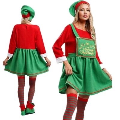 AU Womens Christmas Elf Costume Mrs Santa Claus Outfit Dress + Hat + Shoes Set - image 1 of 3