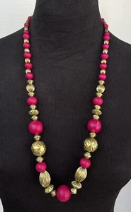 Vintage Pink & Gold Bead Chunky Necklace 15” Hook Latch Retro Polymer Beads - Picture 1 of 4