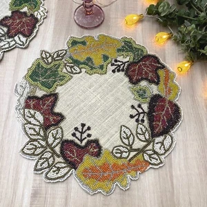 Set of 6, Handmade beaded fall placemat, Maple leaf tablemat on burlap - Picture 1 of 5