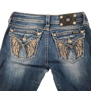 Miss Me Bootcut Jeans Womens 27 30x33 JE5616T4L Rhinestone Flap Pocket Wings - Picture 1 of 16