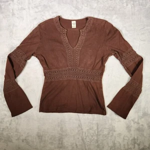 Prana Top Womens Small Brown Split Neck Crochet Boho Shirt Gorpcore Bohemian - Picture 1 of 9