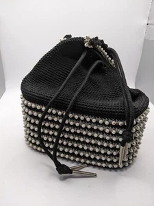 Vintage 60s Purse, Black Woven With White Beads. Draw String Marked. Could Be... - Picture 1 of 13