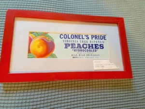 Estate 80s-90s 'COLONEL's PRIDE Virginia PEACHES' Can LABEL in MAT + red FRAME - Picture 1 of 5