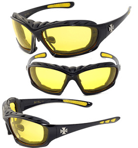 Night Driving Riding Padded Motorcycle Glasses -  Black Frame Yellow Lens C49