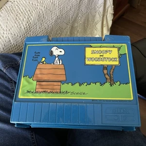 Lunchbox vintage 1971 PEANUTS Snoopy & Woodstock in plastica blu include thermos - Foto 1 di 16