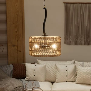 3-Lights Pendant Light Vintage Rattan Woven Drum Shade LED Ceiling Lamp Fixture - Picture 1 of 9