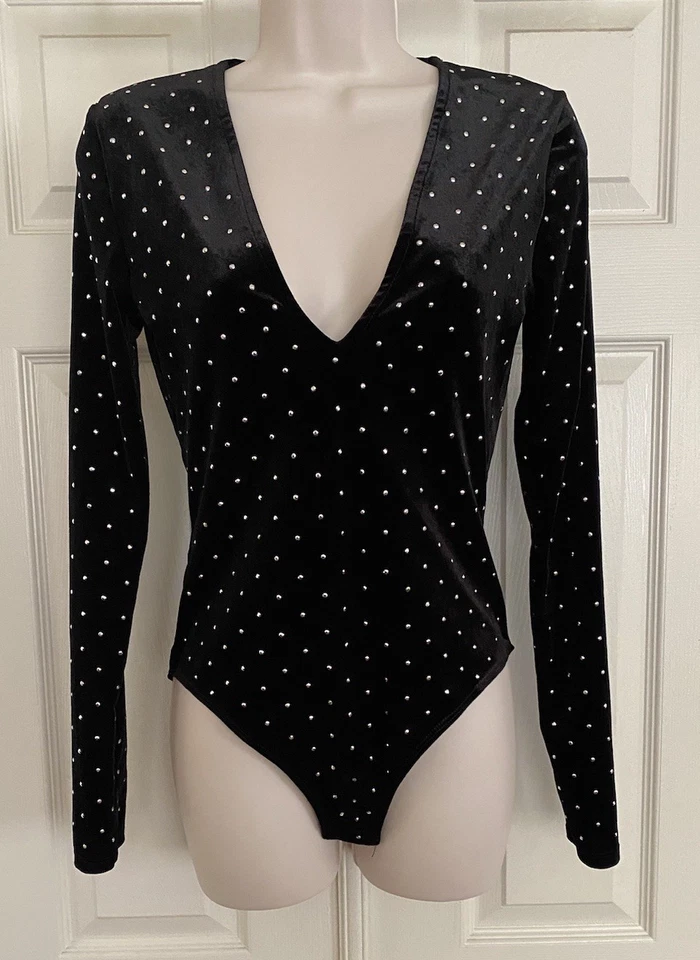 H&M ~ Sexy Body Top Negro Terciopelo Brillante Profundo Cuello en V Una Pieza Manga Larga S Foto 1 de 4